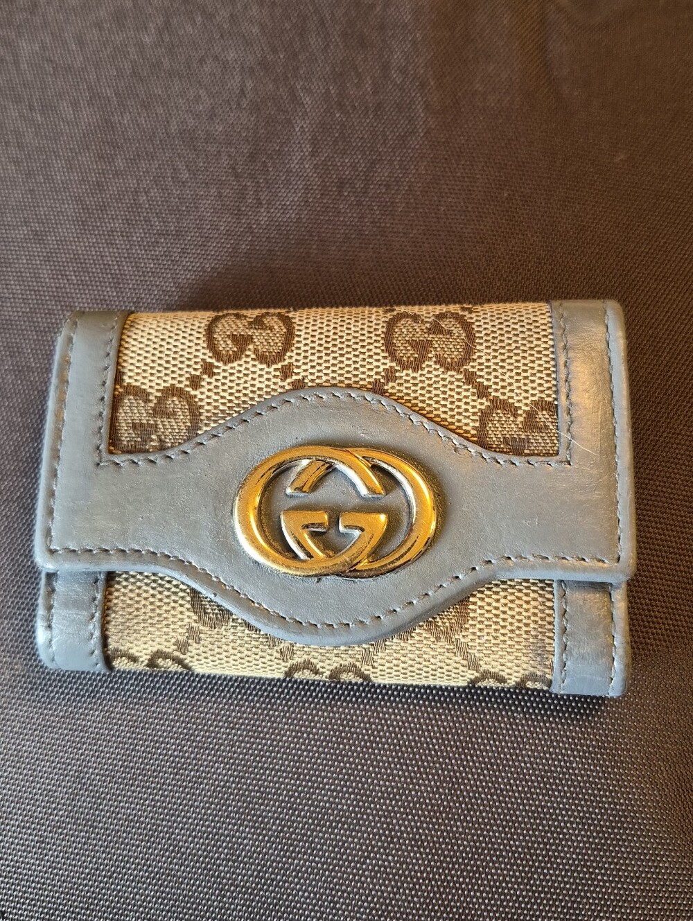 Gucci Beige GG Canvas Key Case with Light Blue Leather Trim